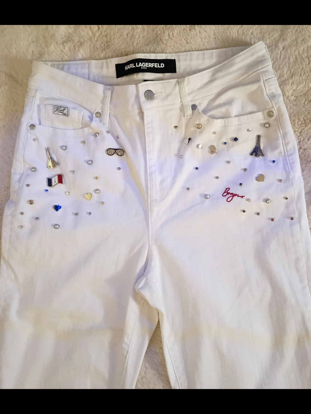 KARL LAGERFELD Embellished Straight-Fit Jeans Women's Size 8 White NWOT